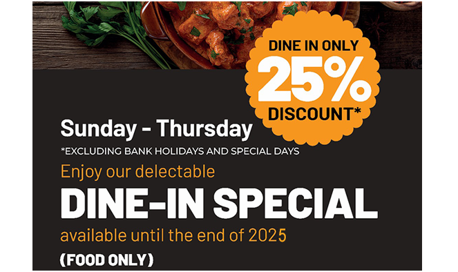 25% Discount Dine In Only